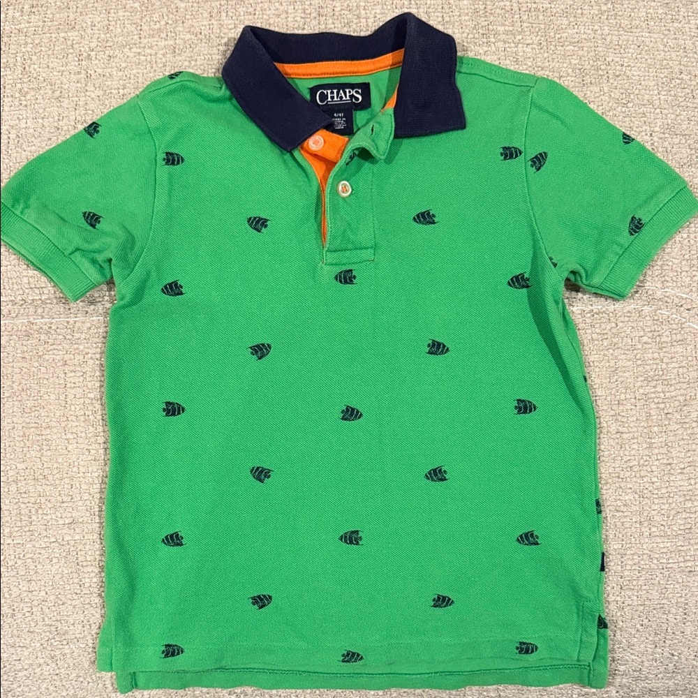 Chaps Green Polo Shirt with Navy Collar and Orange Trim